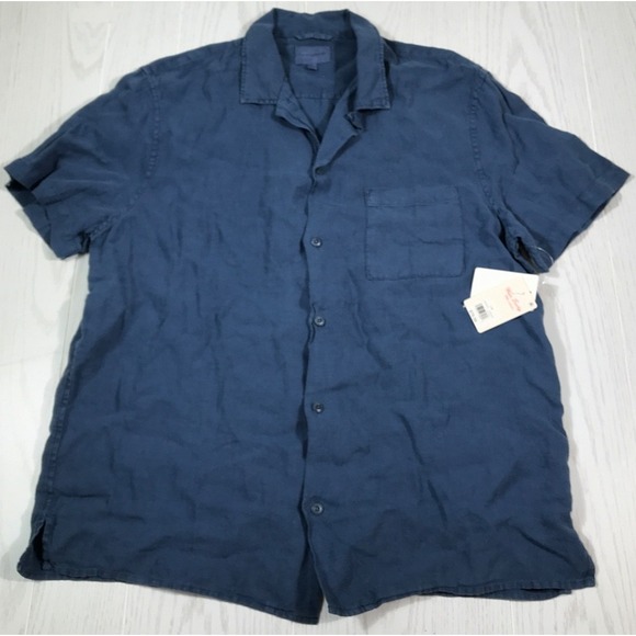 Lucky Brand Linen Button Down Shirt Mens L Dark Blue Short Sleeve Pocket New $79 - Picture 1 of 11